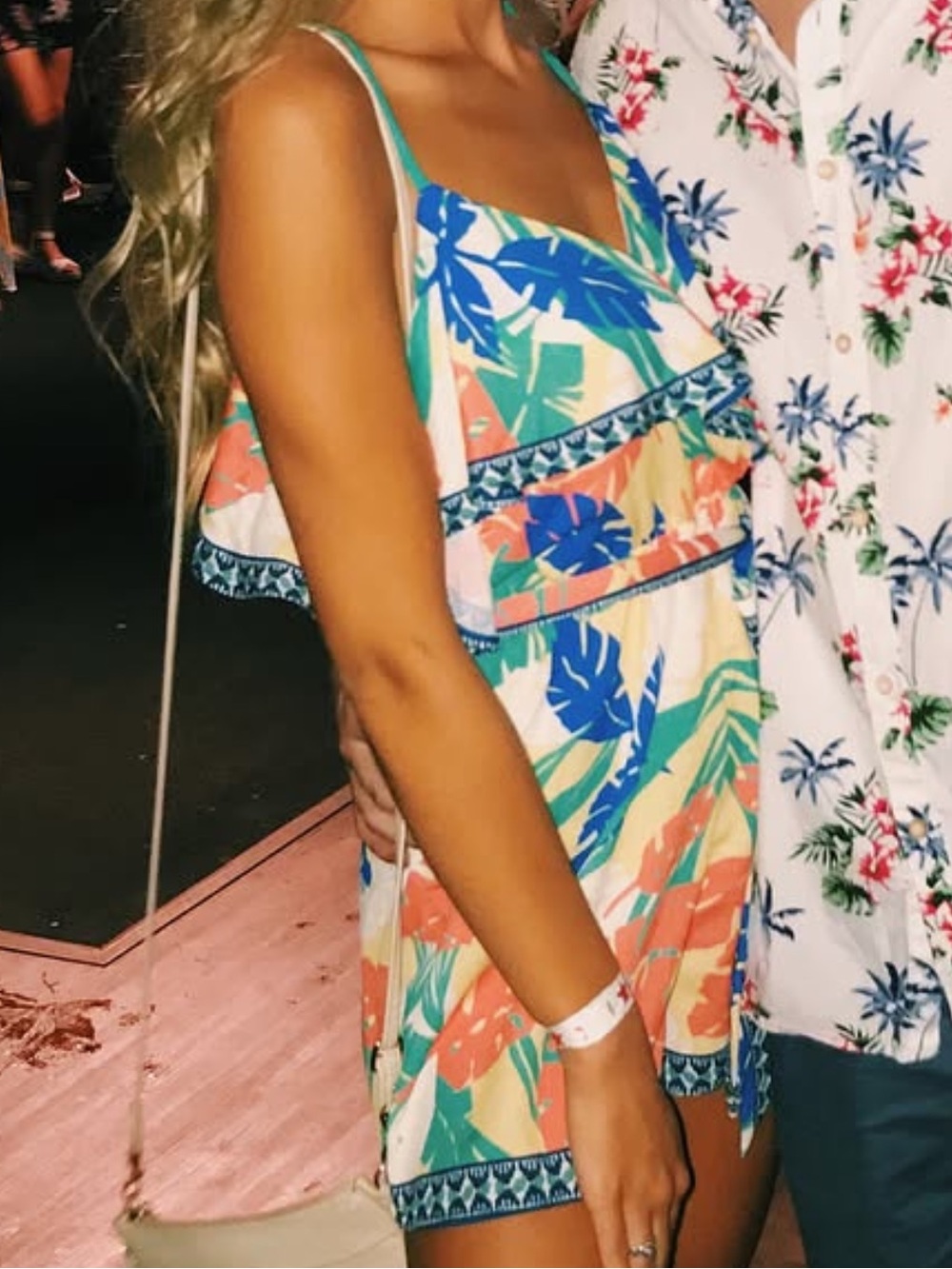 Tropical Print Spaghetti Strap Romper - Coral, Teal & Blue